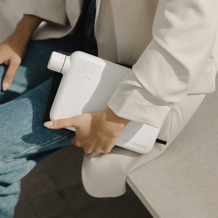 A5 Stainless Steel memobottle™ White | slimline reusable WATER BOTTLE | 1050 ml