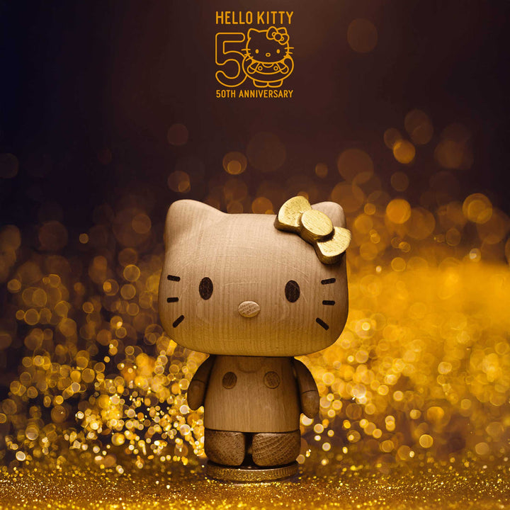 HELLO KITTY small with golden Bow - 50th Anniversary Edition - Wooden Figurine Oak 14 cm high | boyhood