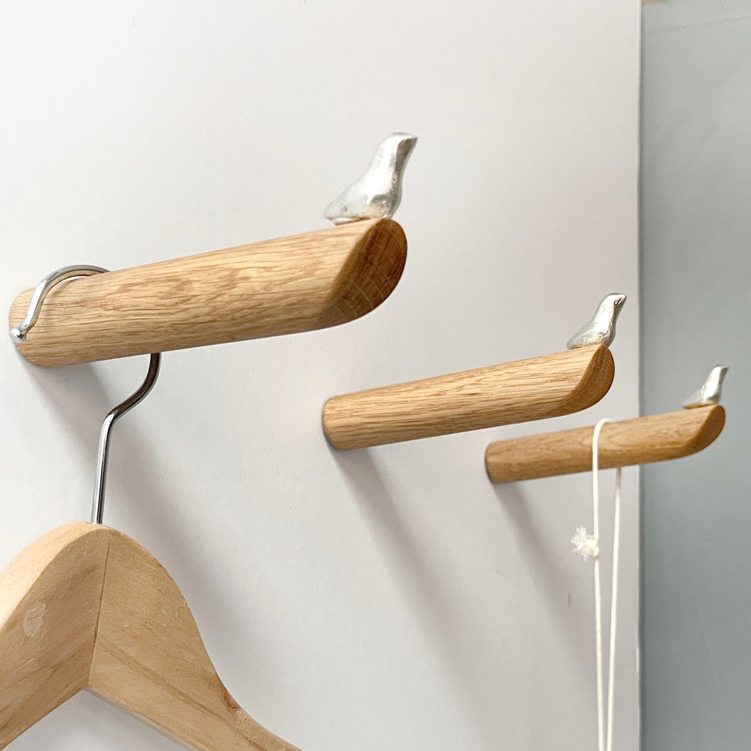 BIRD - coat hooks made of wood & pewter - set of 3 | Formpoet