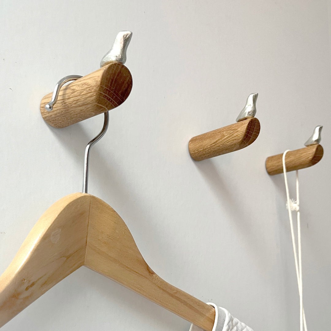 BIRD - coat hooks made of wood & pewter - set of 3 | Formpoet
