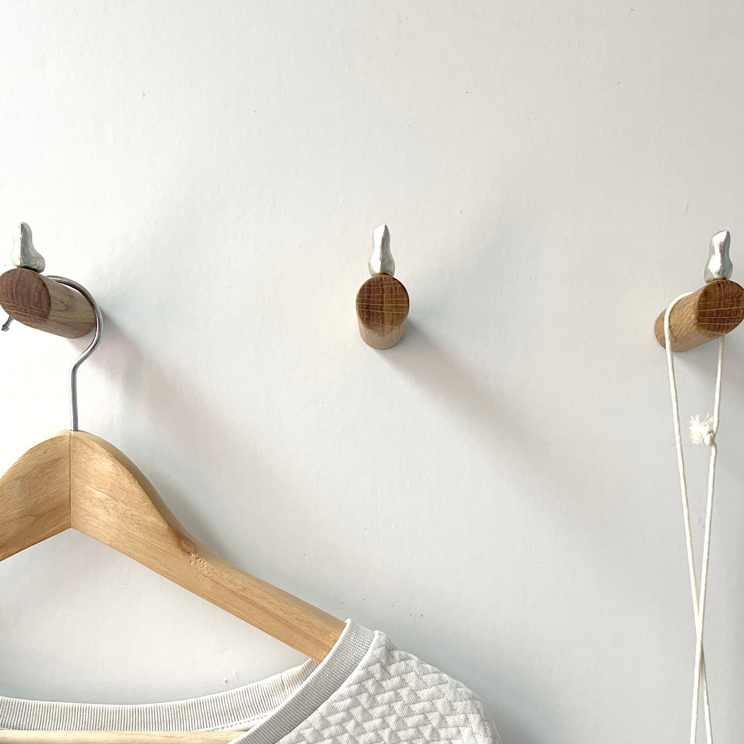BIRD - coat hooks made of wood & pewter - set of 3 | Formpoet