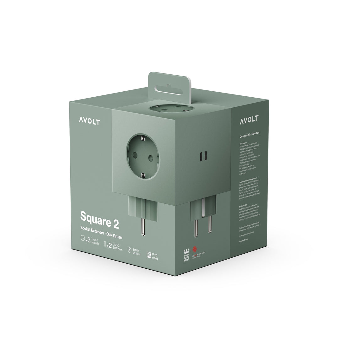 Power Strip "Square 2" – Green · 3-Way · USB-C | Avolt