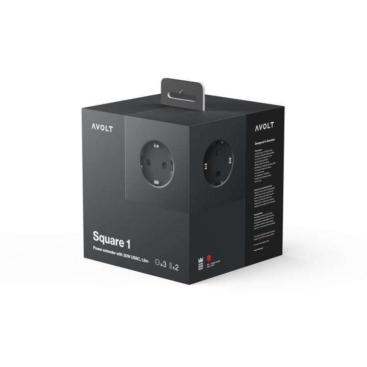 Power Strip "Square 1" – Black · USB-C 30W · 3 m | Avolt