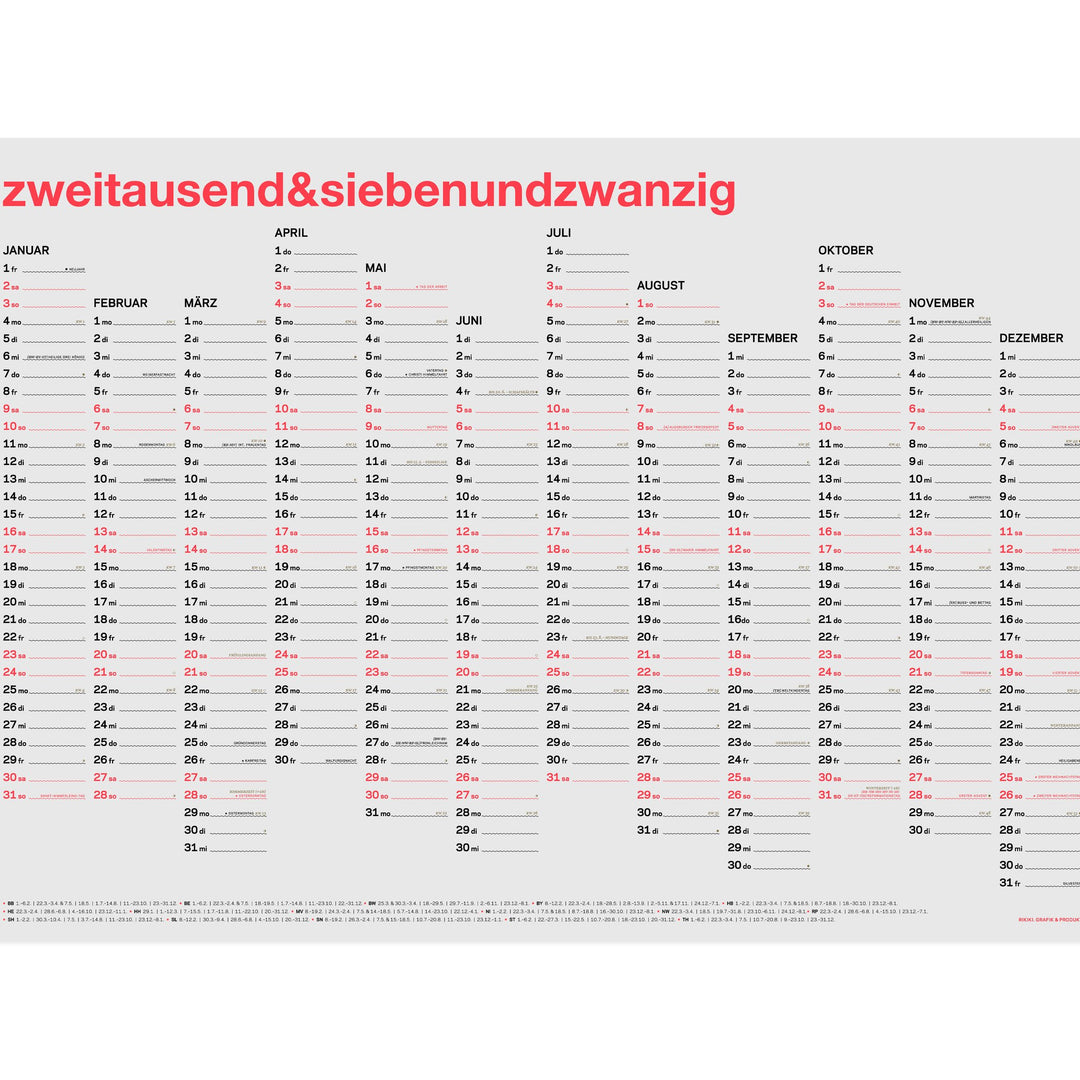 Annual Wall Calendar 2027 – German · Neon Coral · A2 | rikiki