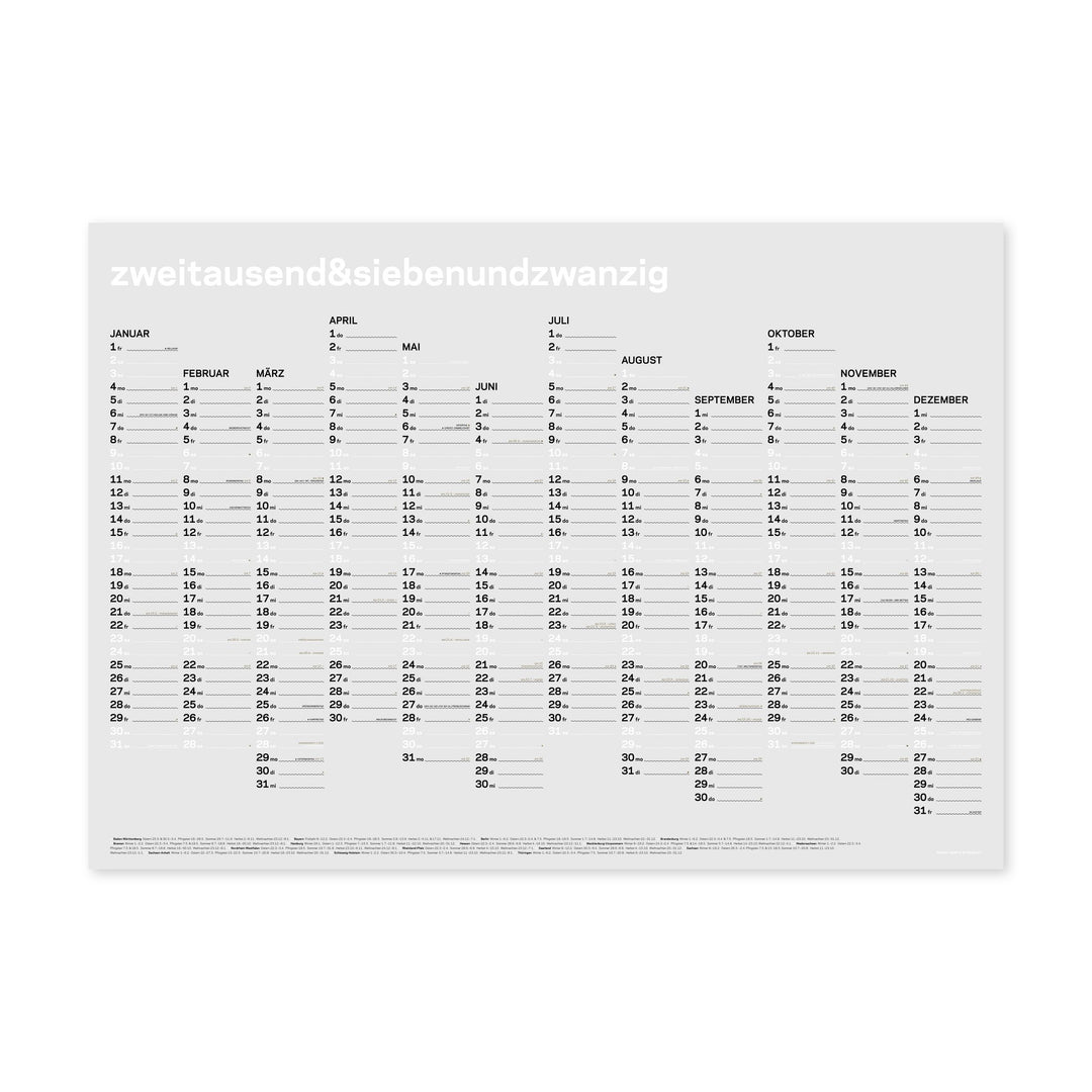 Jahreskalender 2027 – Siebdruck · Weiß · A1 | rikiki